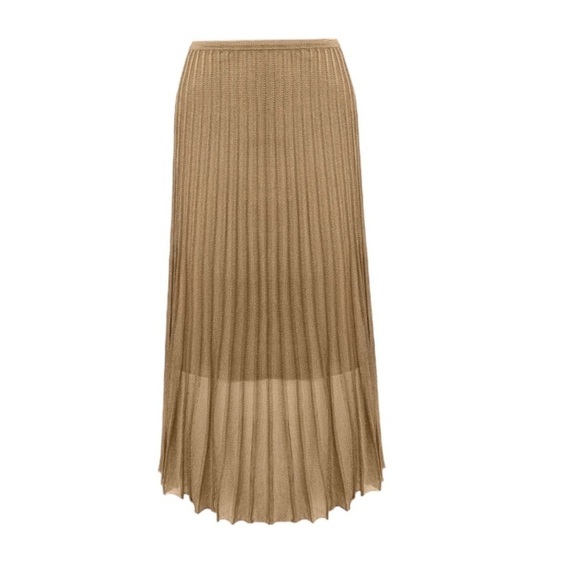 VINCE Pleated Gold Bronze Metallic Crochet Knit Midi Skirt Lined Size M - Picture 7 of 16